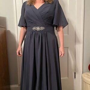Never worn elegant smoky grey (color: “stormy”) long gown from JJ House